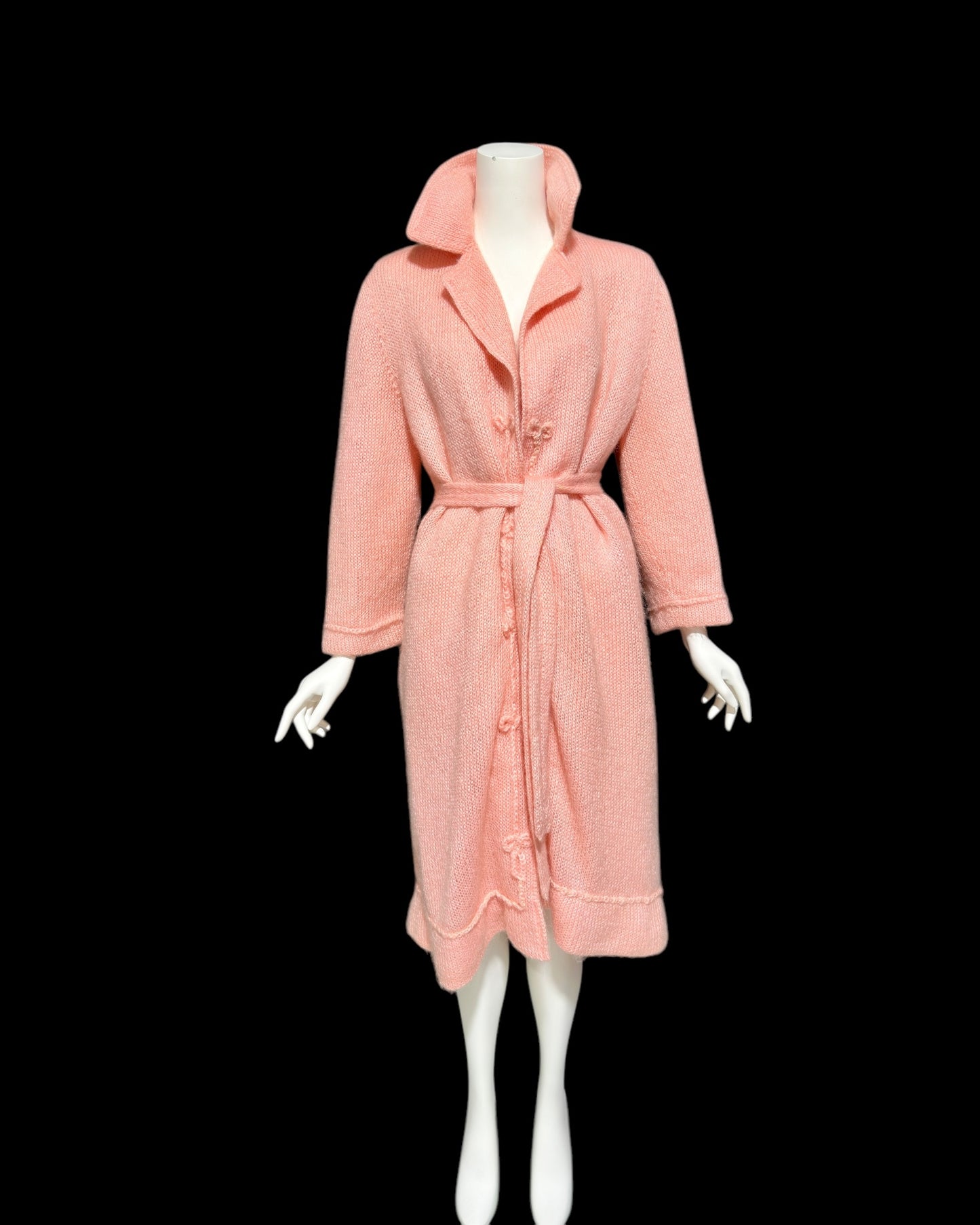 1960s vintage pink mohair coat, Mid Century stroller length open front coat