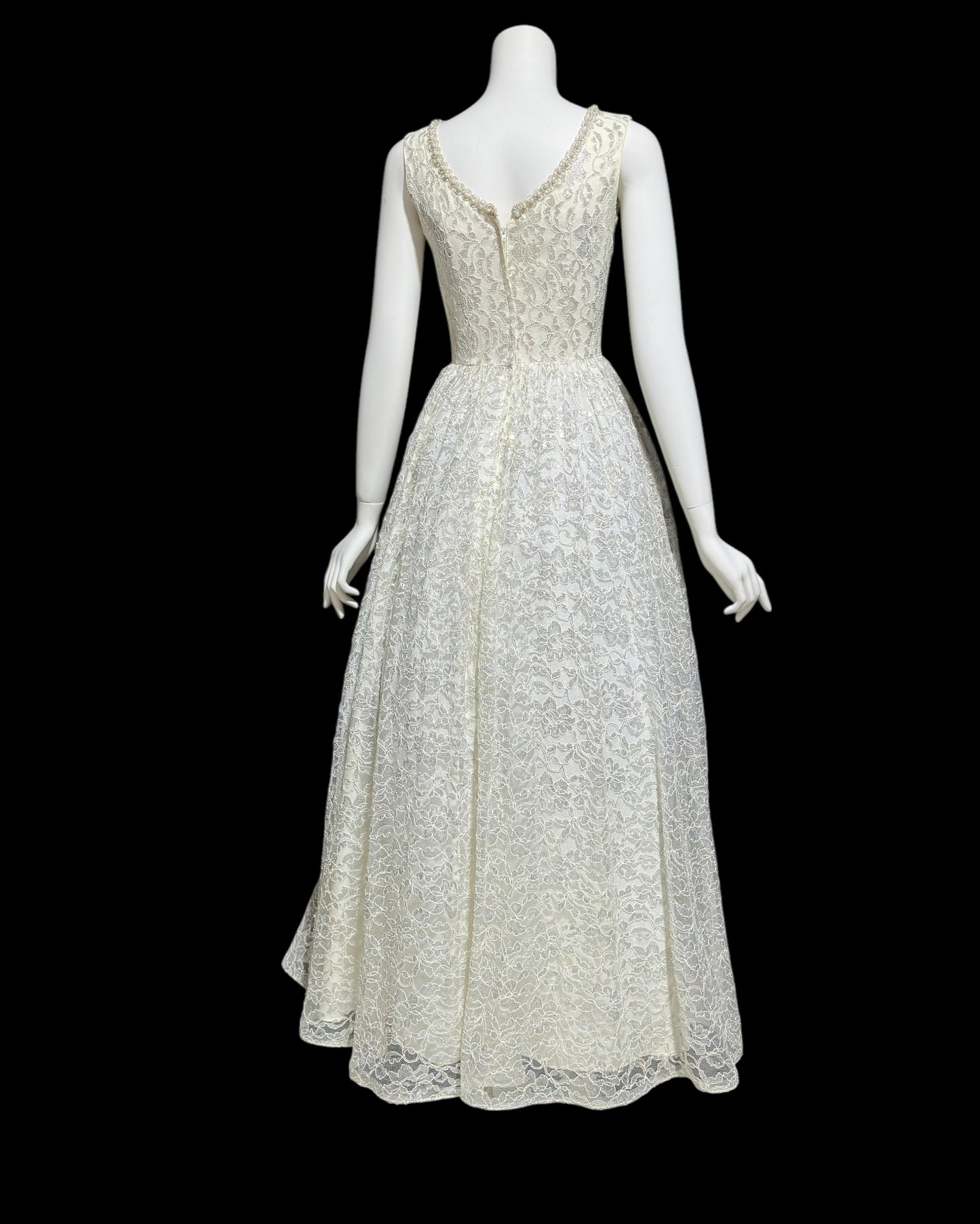 1960s vintage wedding dress, Full length white and silver lace princess evening gown