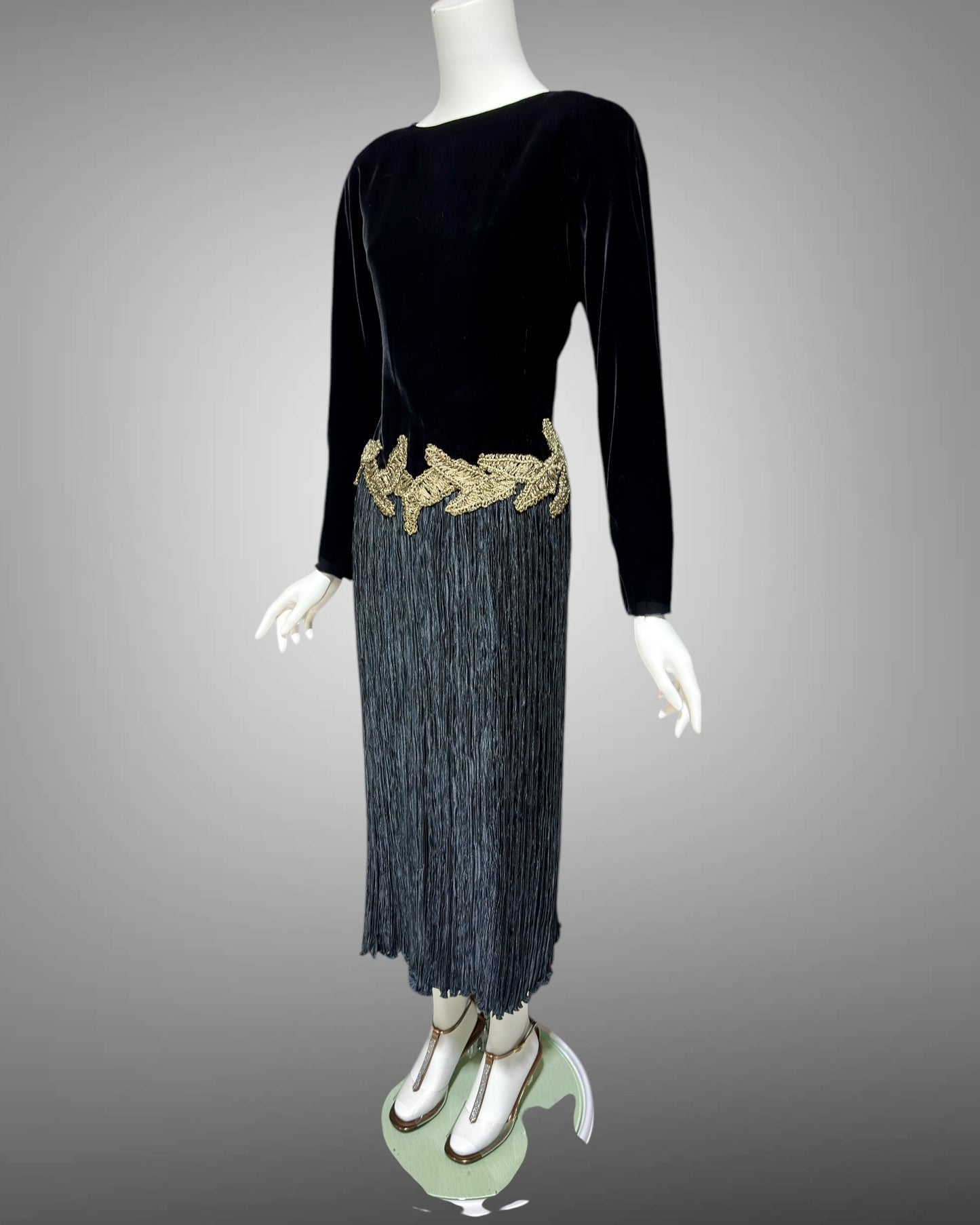 Mary McFadden evening dress, 1980s Black velvet fortuny pleats plisse cocktail party dress, SUITE 101 Beverly Hills