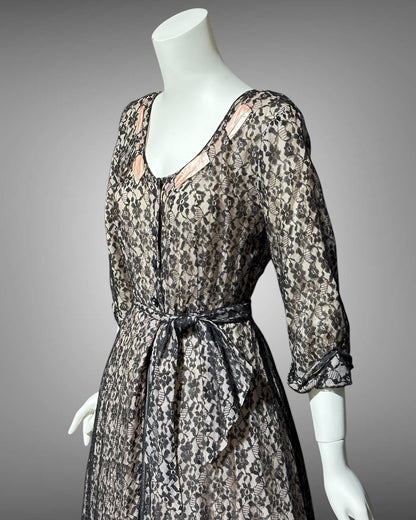 FLOBERT vintage 1940s black lace dressing gown robe, sheer black lace with pink ribbon trim