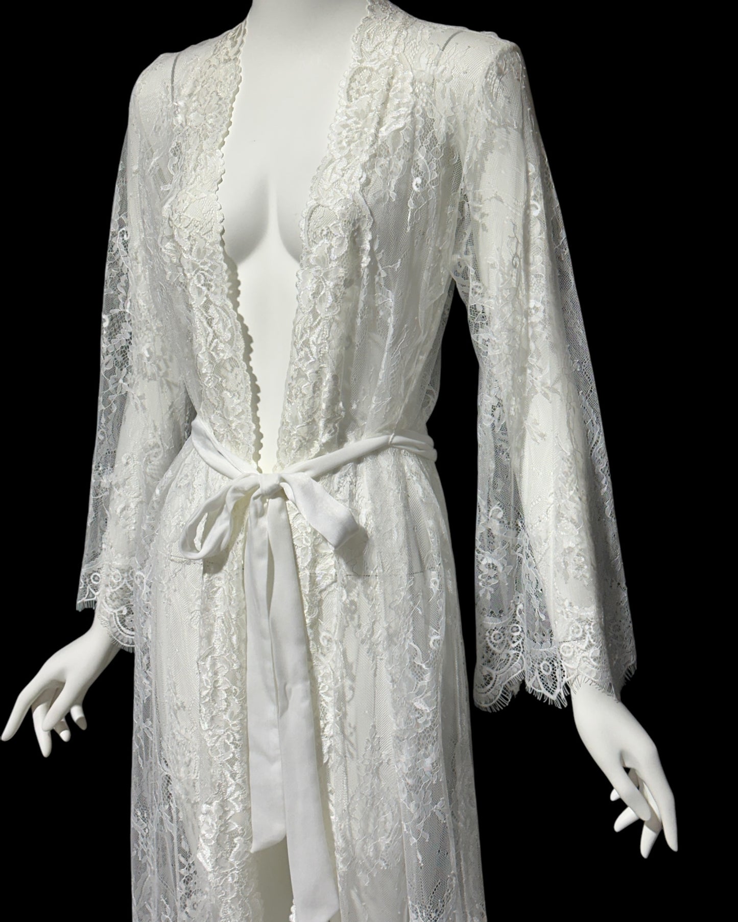 JONQUIL Diane Samandi, 1990s sheer white lace robe, see through feather weight white wrap dressing gown