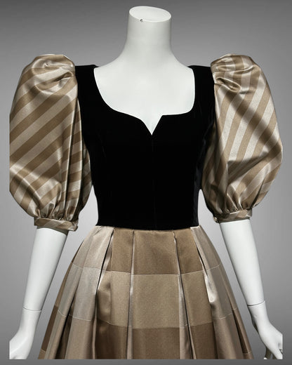 ANDRE LAUG vintage evening ball gown, 1970s Silk formal dress, black velvet brown mocha puffed sleeves