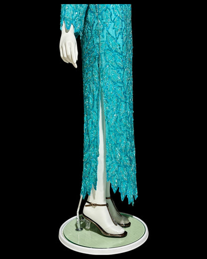 1980s Vintage Turquoise blue silk beaded full length sheath evening gown, Silver beads long sleeves and sequins