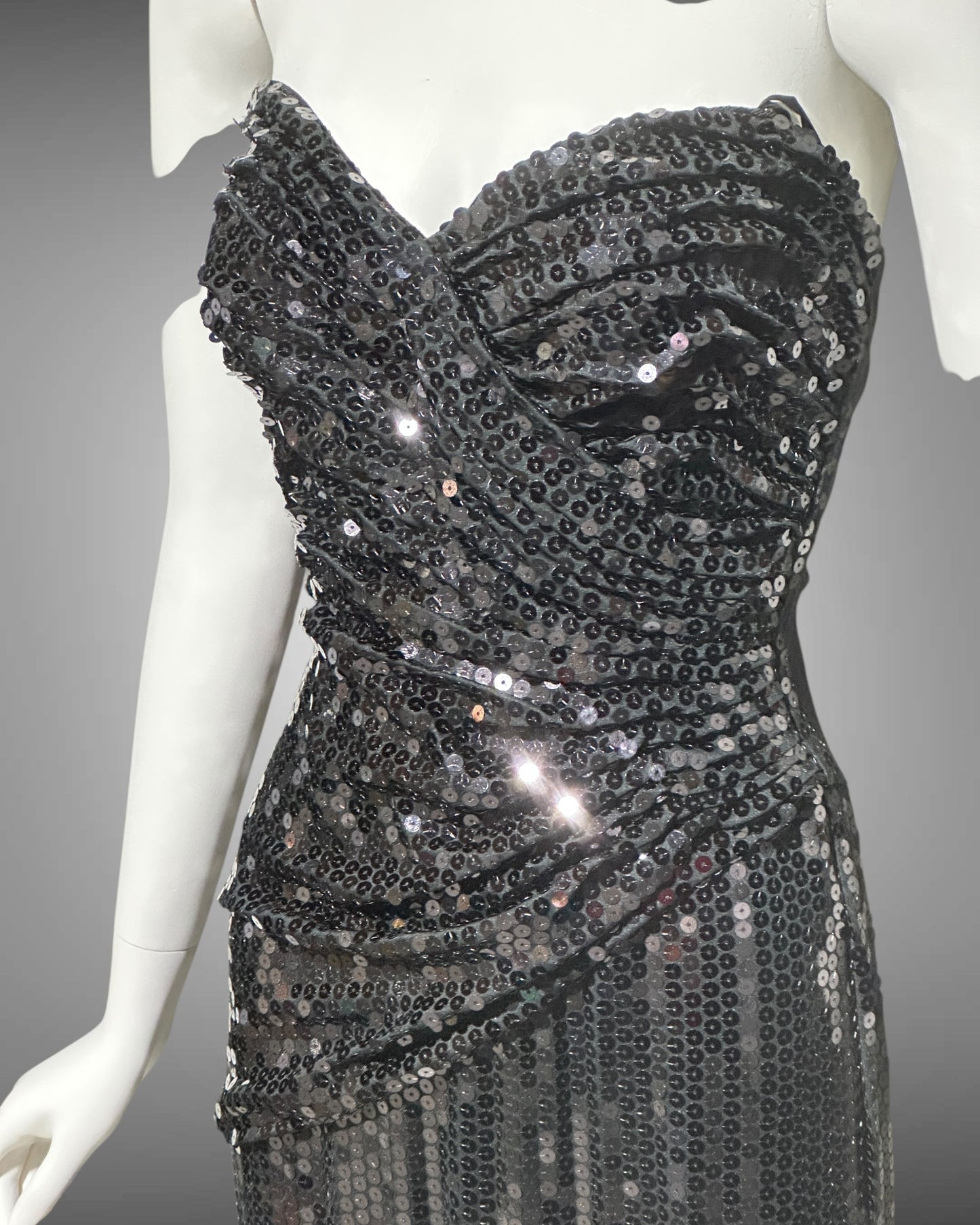 TADASHI vintage evening dress gown, 1980s all over black sequin, strapless ruched bodice