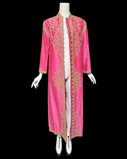 MOROCCAN KAFTAN vintage 1960s raw silk caftan evening dress, Hand Made Hot Pink and gold metallic