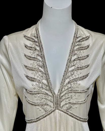 JACK BRYAN, vintage 1970s white jersey knit evening wedding dress with beaded bodice