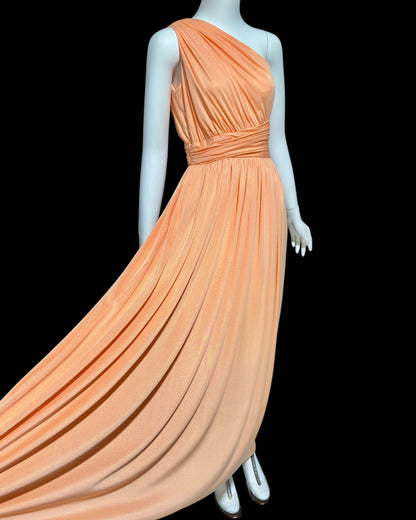 OLE BORDEN for Lillie Rubin, 1970s peach one shoulder evening gown, draped pleated grecian goddess gown