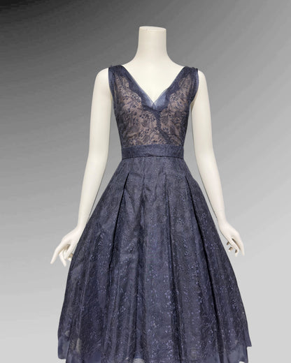 OLDRIC ROYCE by Tony Abate, vintage 1950s evening cocktail dress, navy organza fit and flare party dress