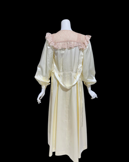 1930s vintage nightgown robe set, candlelight cream and old rose shiny night dress bridal trousseau