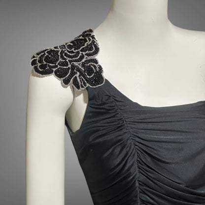 EUGENE ALEXANDER, vintage 1980s evening dress, Slinky Black sheath One Shoulder Grecian Goddess gown