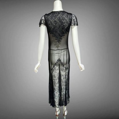 1930s vintage sheer black lace dress, wickedly sheer French lace sheath evening dress