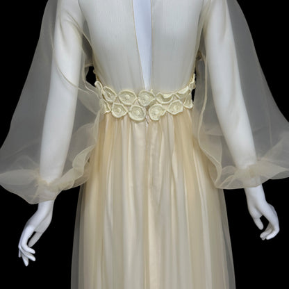 CYRELD PARIS, vintage 1970s yellow chiffon evening dress, WERLE Beverly Hills sheer bishop sleeves