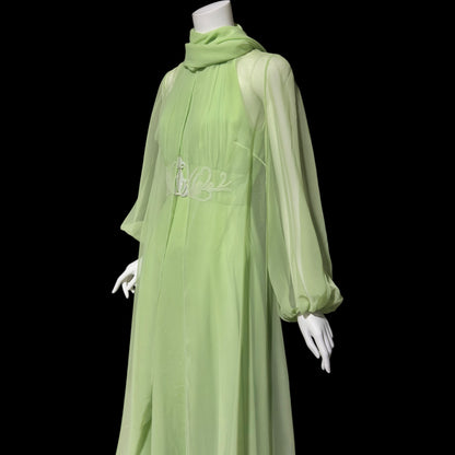 LILLIE RUBIN vintage 1970s green chiffon evening dress gown, Collection 700, matching scarf cape