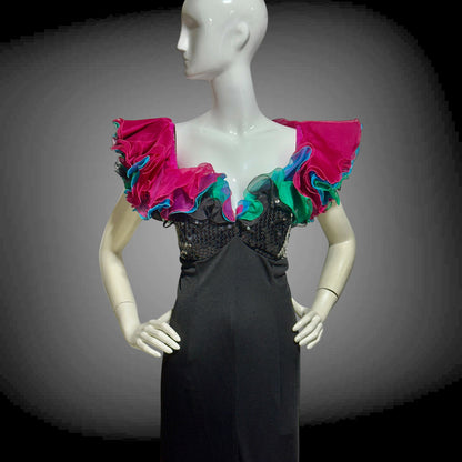 EUGENE ALEXANDER, vintage 1980s evening gown, Black sheath dress, HUGE ruffle collar, Sequin Bodice, on or off shoulders