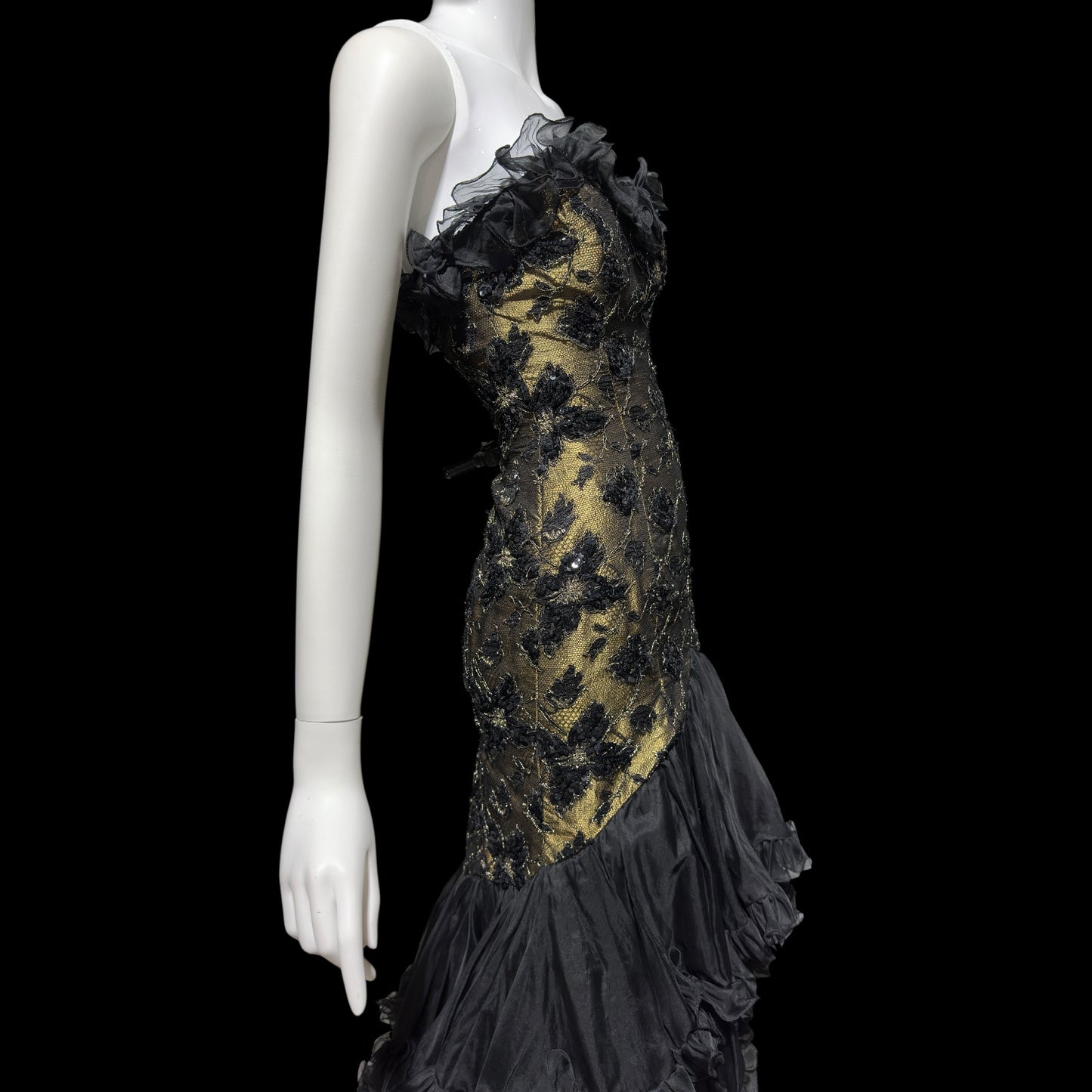 DAVID FIELDEN vintage 1980s evening dress, Party Dress, Black and Bronze All Silk Hi Low Ruffle dress