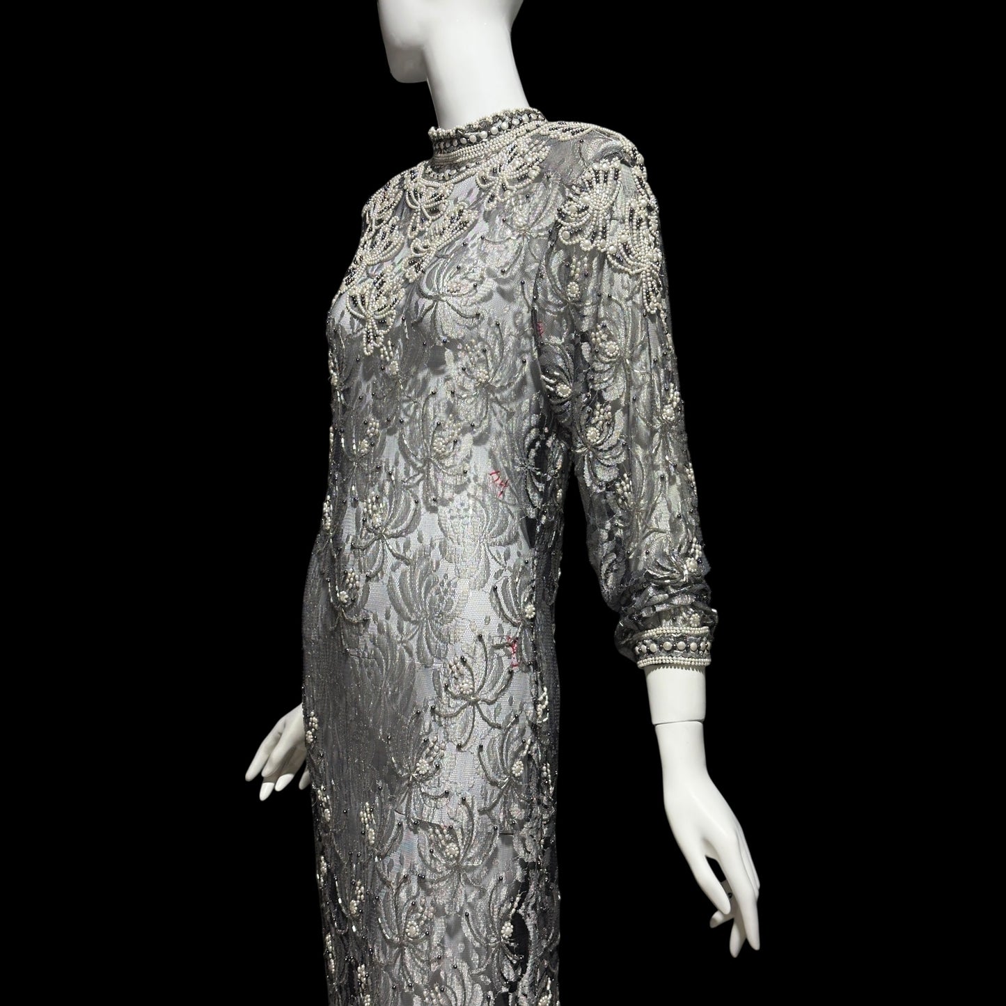 JUDITH ANN, Vintage 1980s sheer beaded dress, Black sheer mesh with beads, Hight neck with ruffle sheath cocktail party dress