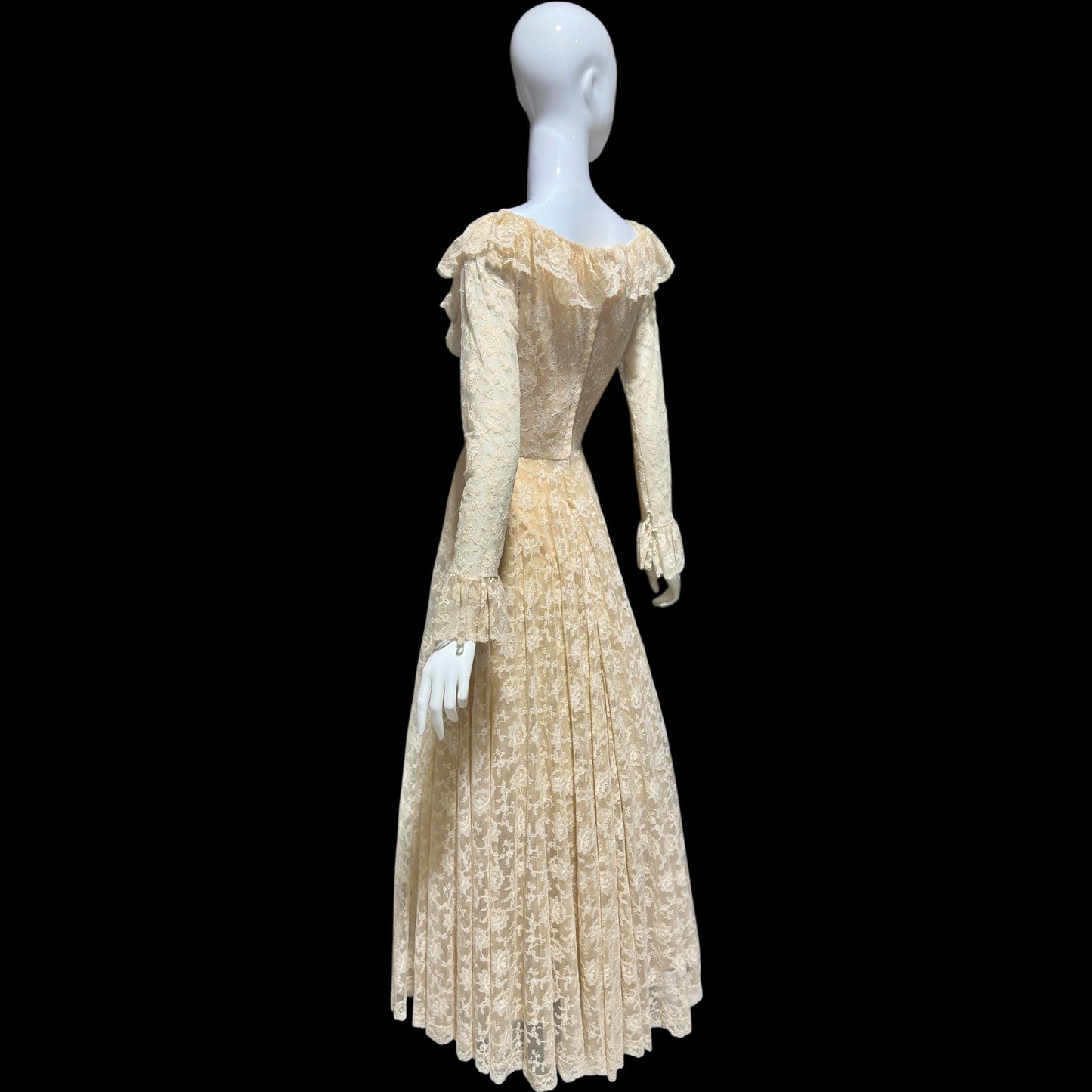 LES WILK 1970s vintage evening dress, lace beige ruffle deep V neckline full sweep wedding dress