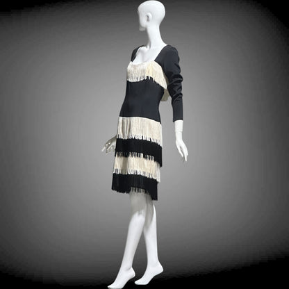 TRAVILLA vintage evening cocktail dress, 1960s black white fringed mod party dress