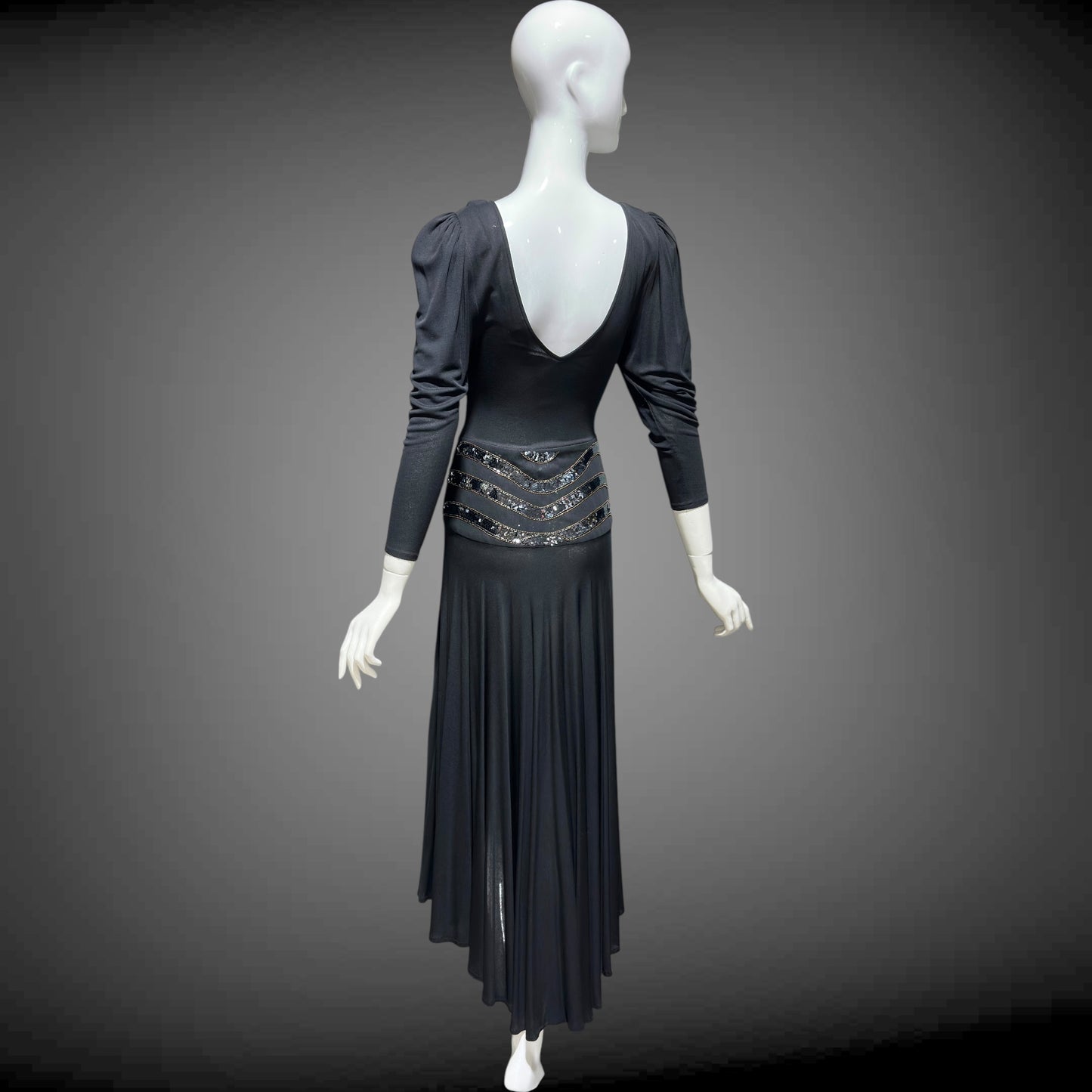 SAKS FIFTH AVENUE Made in England, 1970s evening dress, black jersey knit and sequins