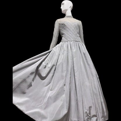 BOB MACKIE, vintage 1980s evening dress ball gown, Silver grey heavily beaded taffeta gown, Long sleeve high neck