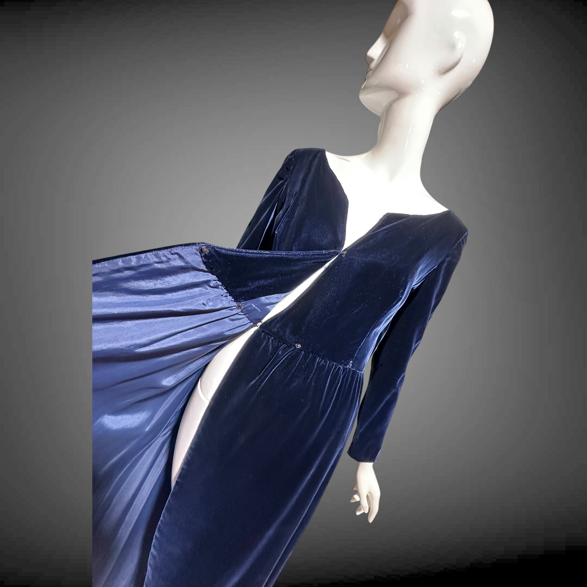 MOLLIE PARNIS vintage 1960s blue velvet wrap evening dress, Morty