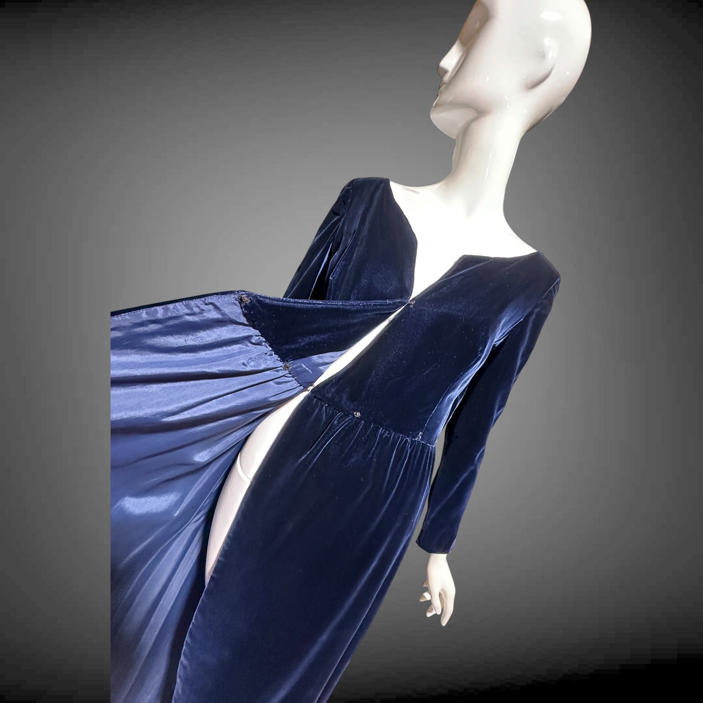 MOLLIE PARNIS vintage 1960s blue velvet wrap evening dress, Morty Sussman