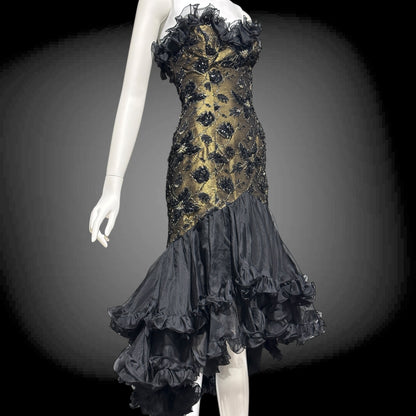 DAVID FIELDEN vintage 1980s evening dress, Party Dress, Black and Bronze All Silk Hi Low Ruffle dress
