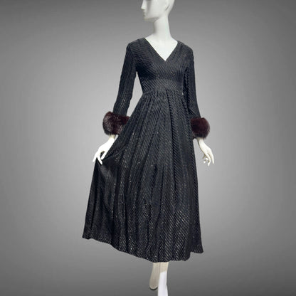 LILLIE RUBIN Vintage 1970s evening gown, Black eye lash Sparkly Gown with Fur Cuffs