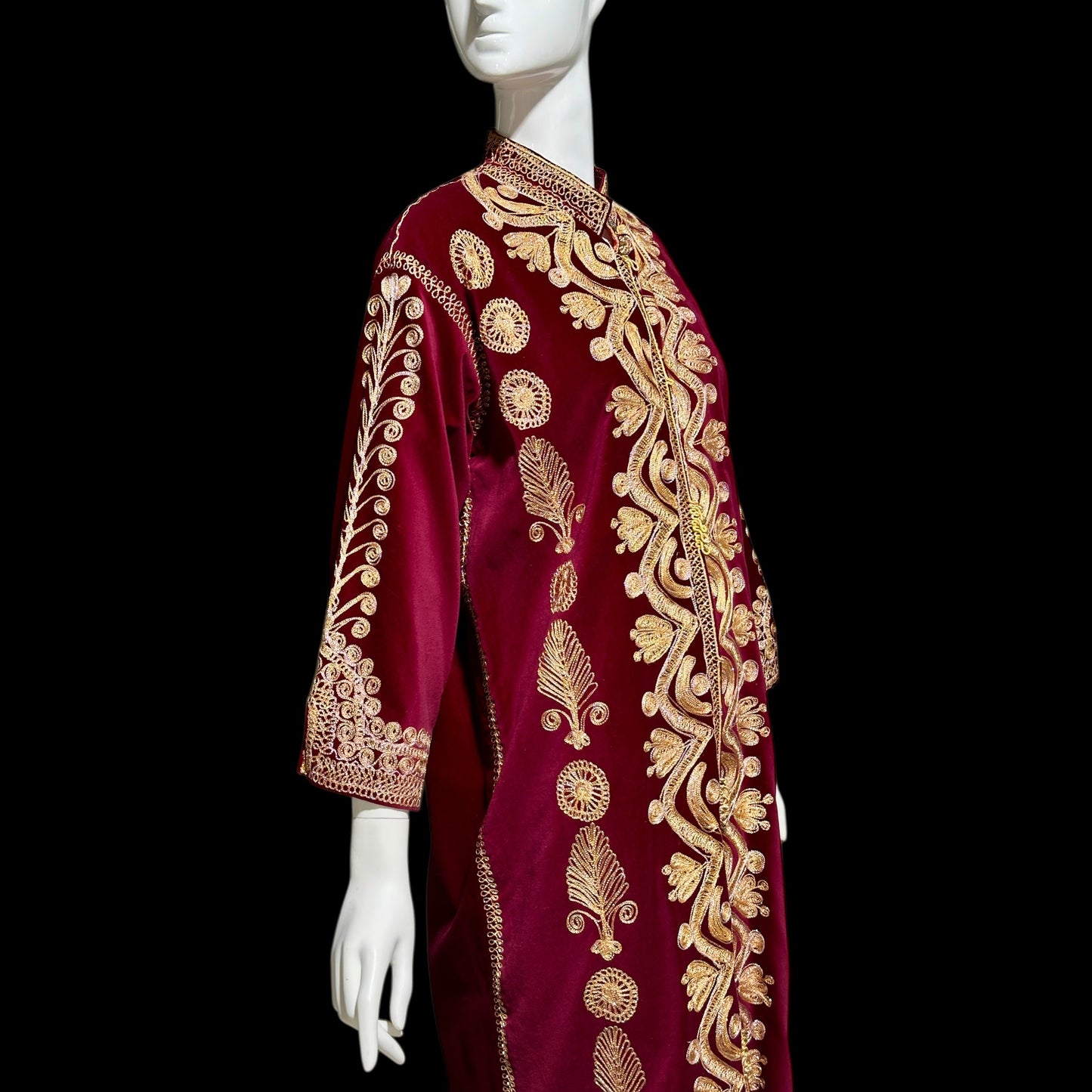 PROFILS du MONDE vintage Embroidered Moroccan kaftan,  1960s evening maxi coat dress, Beverly Hills Ruby Red velvet gold metallic