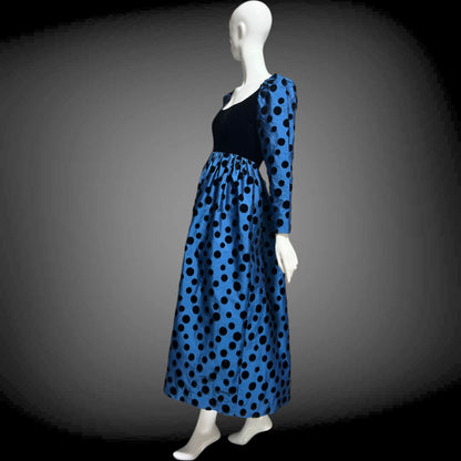 ADELE SIMPSON vintage 1960s evening dress, steel blue taffeta with black velvet flocked polka dots