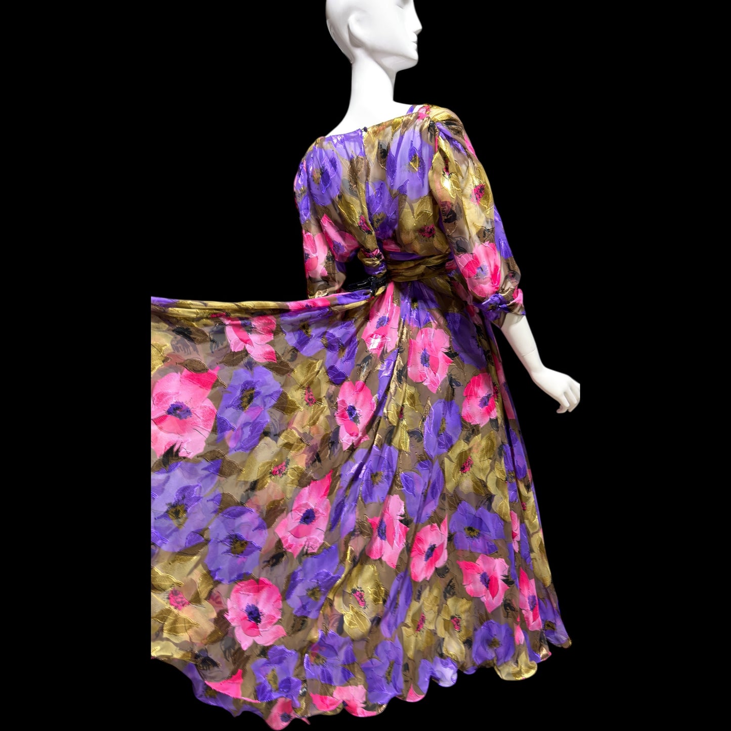FRANK USHER LONDON, vintage 1970s evening dress, jewel tone floral chiffon with gold metallic