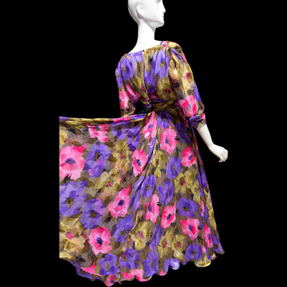 FRANK USHER LONDON, vintage 1970s evening dress, jewel tone floral chiffon with gold metallic
