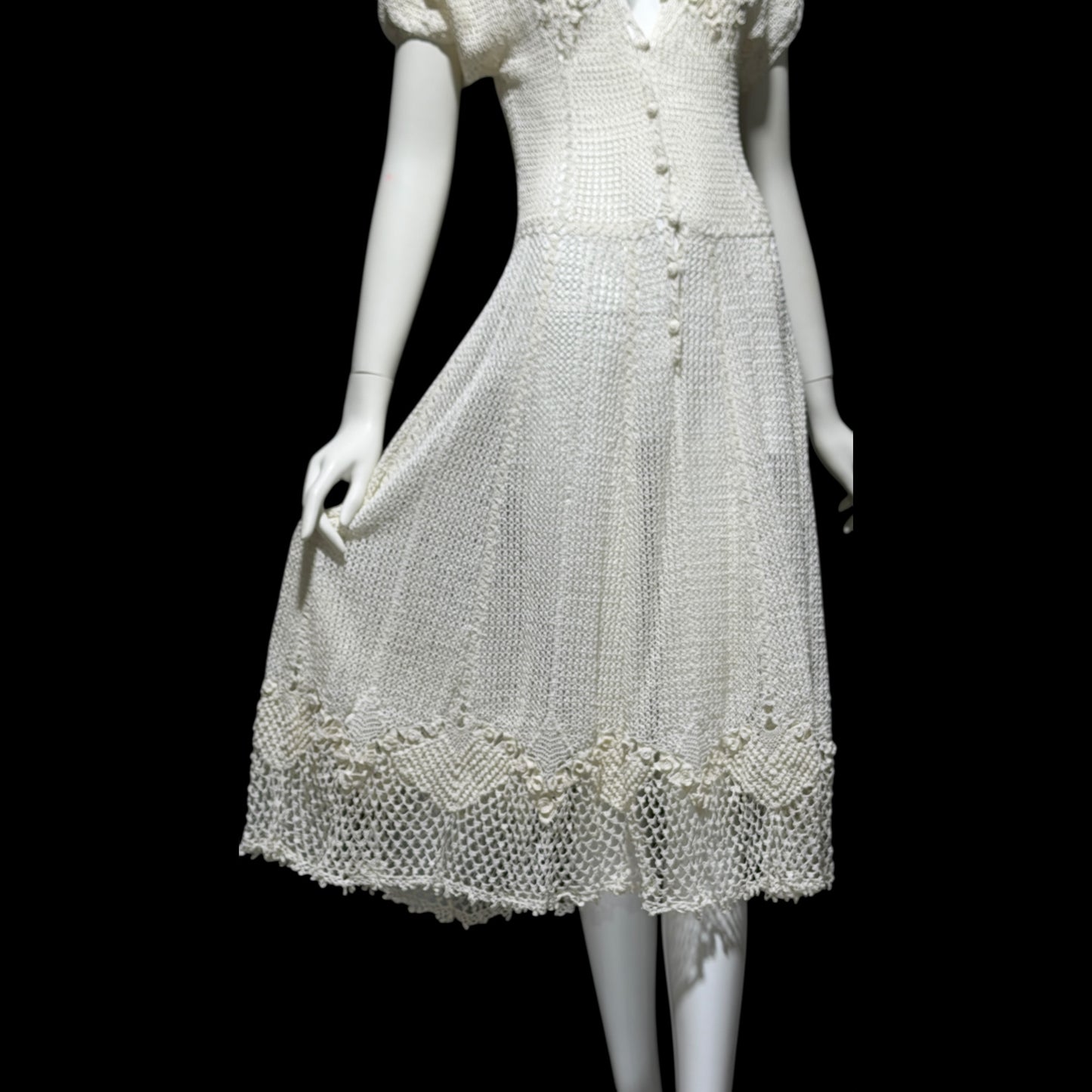 1970s vintage white crochet dress, all cotton blouson shirtdress, midi length
