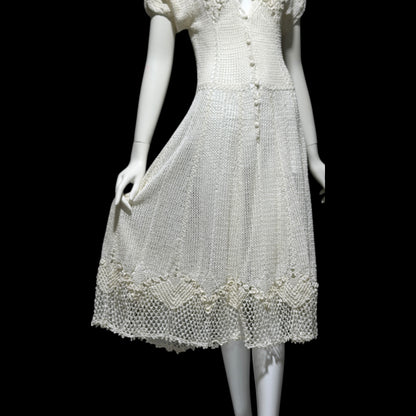 1970s vintage white crochet dress, all cotton blouson shirtdress, midi length