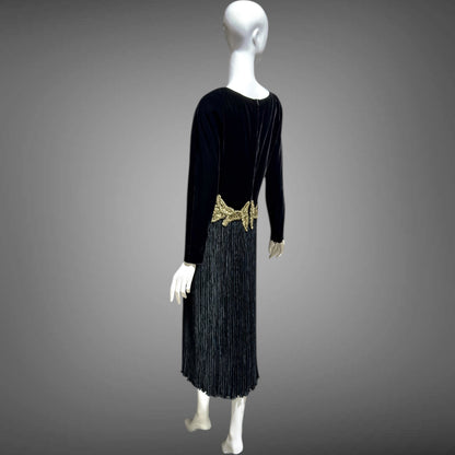 MARY MCFADDEN vintage evening dress, 1980s Designer Glam Black velvet plisse cocktail party dress