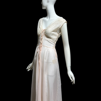 ODETTE BARSA vintage 1940s nightgown slip dress, Sheer pale pink with white lace full sweep Old Hollywood gown