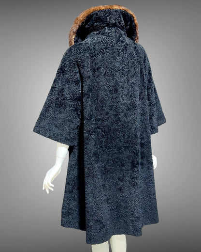 LILLI ANN 1950s vintage swing coat, Black boucle evening swing coat with mink collar
