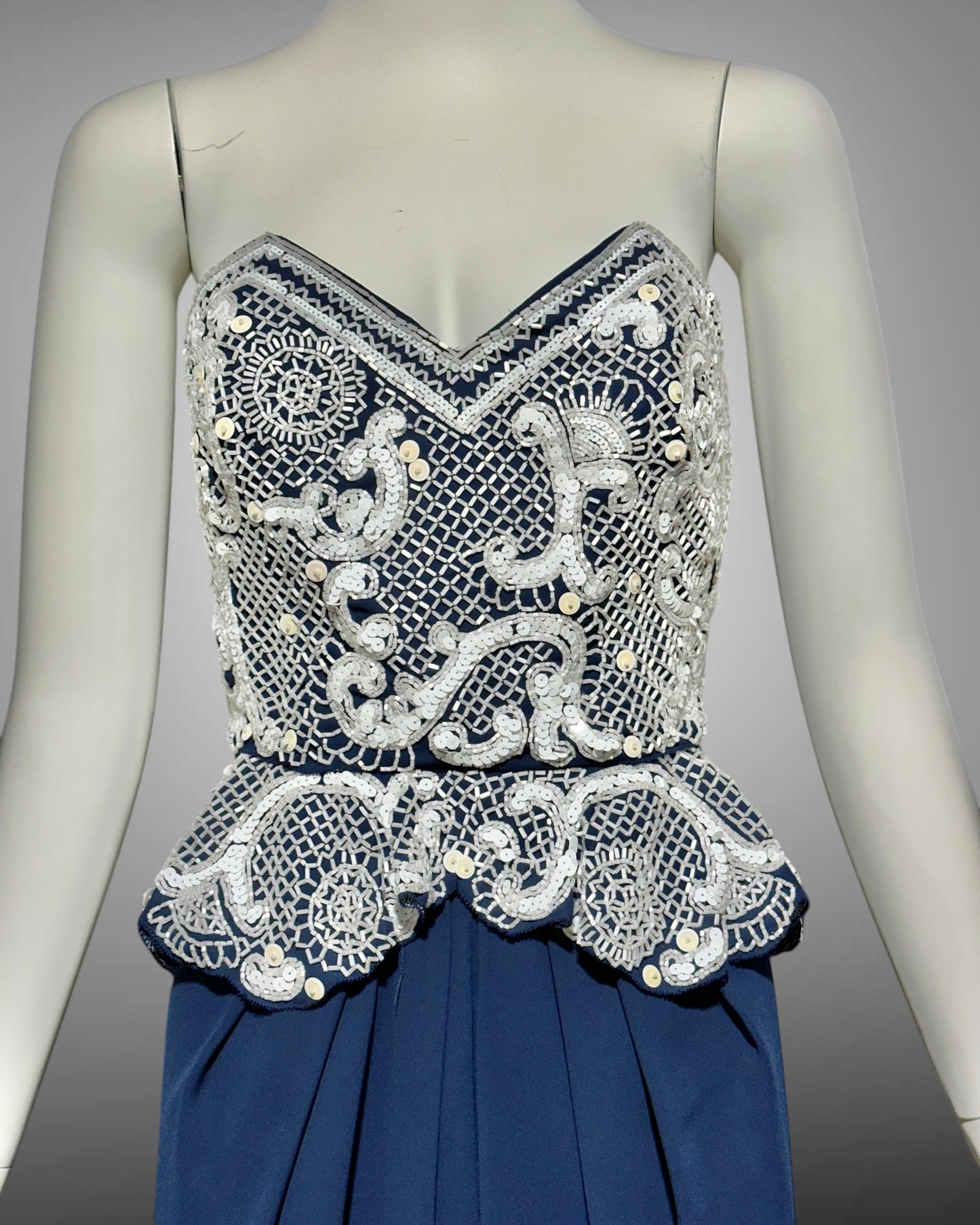 FABRICE SILHOUETTE 1980s vintage evening dress, Navy Blue and white beads and sequins strapless peplum formal gown