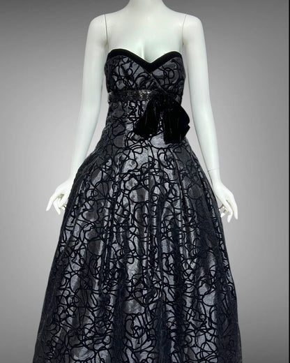 ANN LAWRENCE evening gown, for MARTHA, 1980s vintage Black strapless velvet burnout ball gown