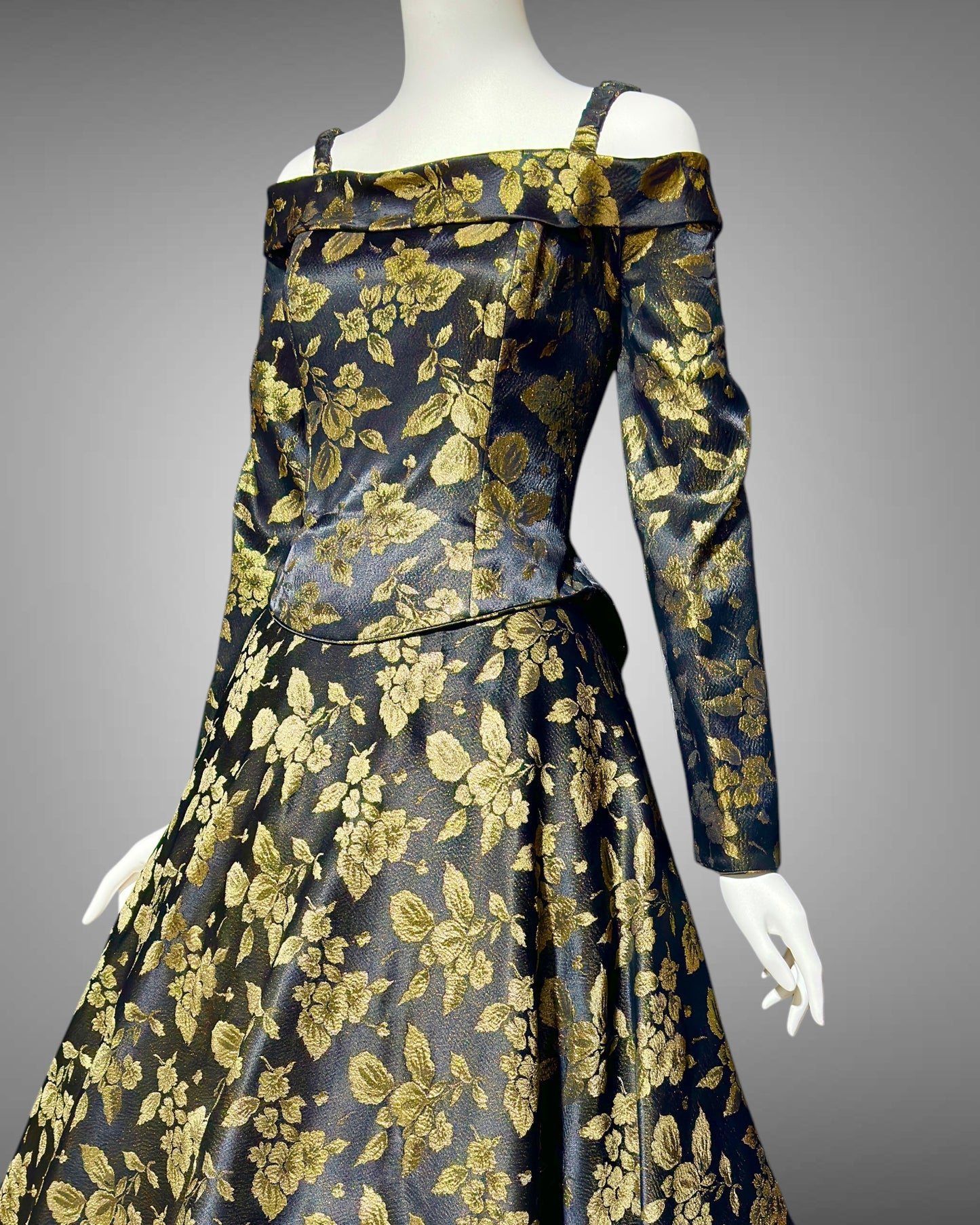 CHRIS KOLE 1980s vintage evening dress, Black and gold damask, long sleeve off the shoulder ball gown