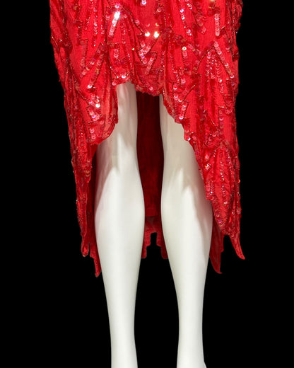 KAYE LOUISE vintage 1990s dress, red 100% silk and sequin beaded cocktail party slip dress
