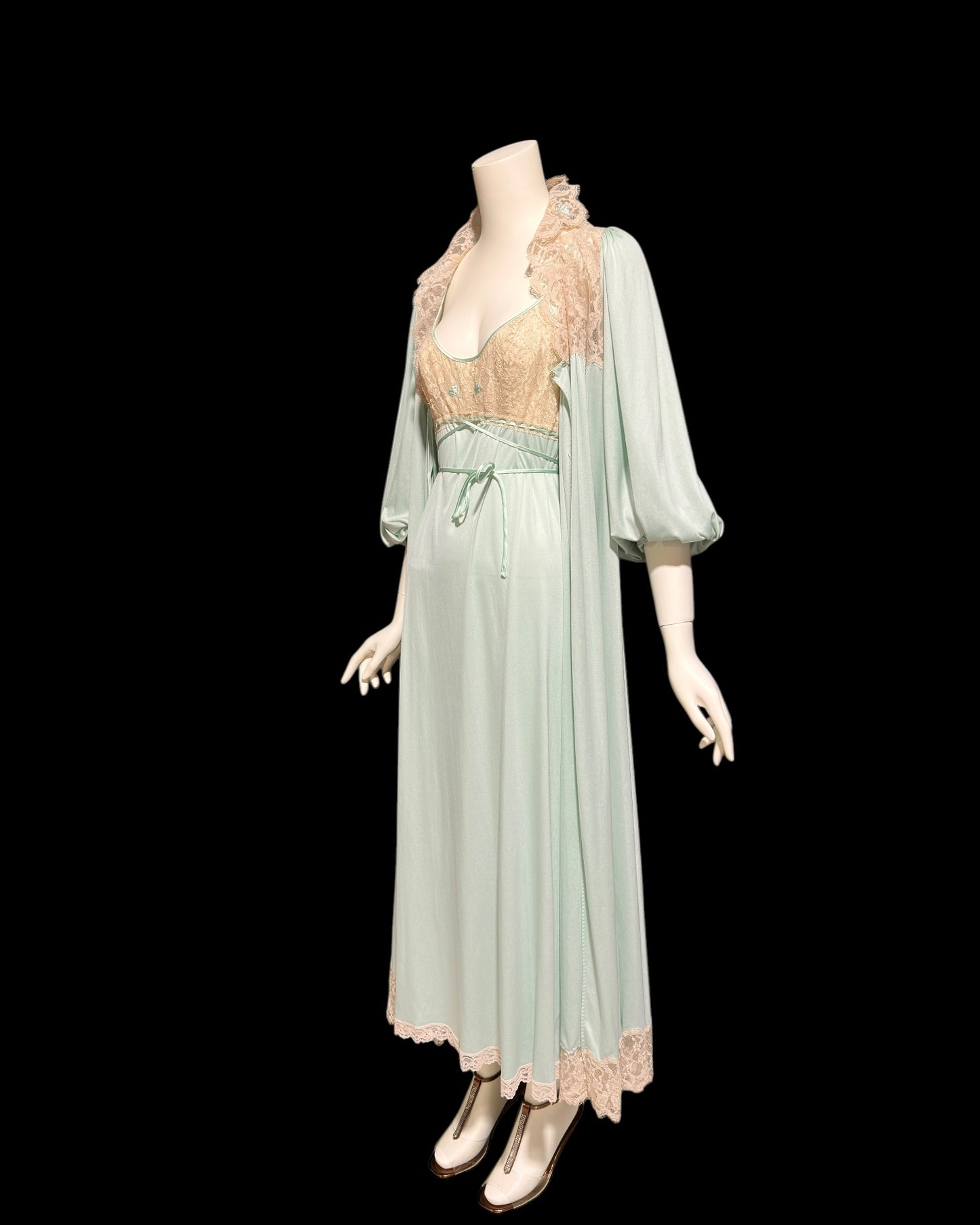 CLAIRE SANDRA Lucie Ann, Neiman Marcus, 1960s vintage nightgown robe set, seafoam green peignoir set, slip dress and housecoat