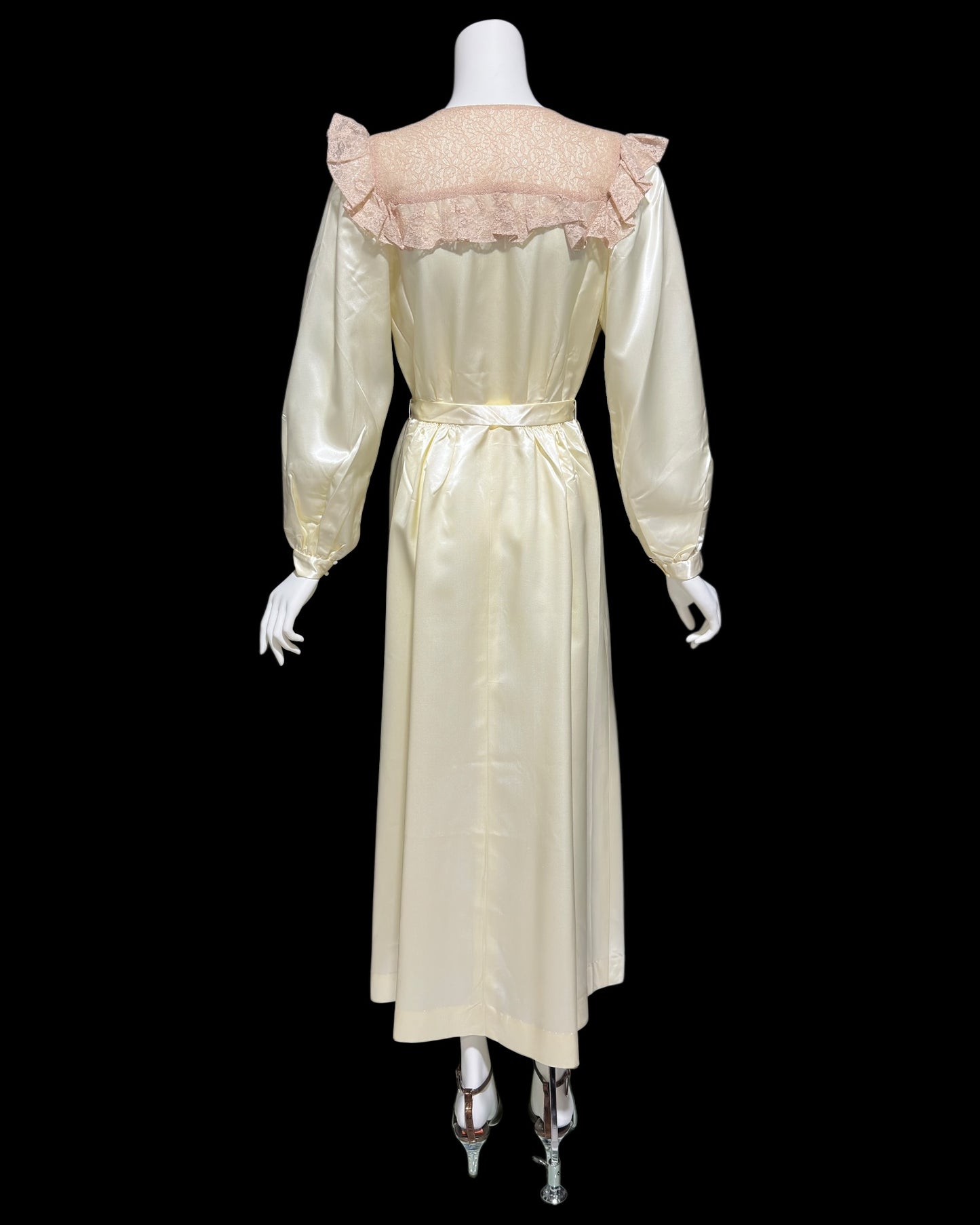 1930s vintage satin dressing gown robe, shiny candlelight and pink lace peignoir housecoat