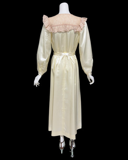 1930s vintage nightgown robe set, candlelight cream and old rose shiny night dress bridal trousseau