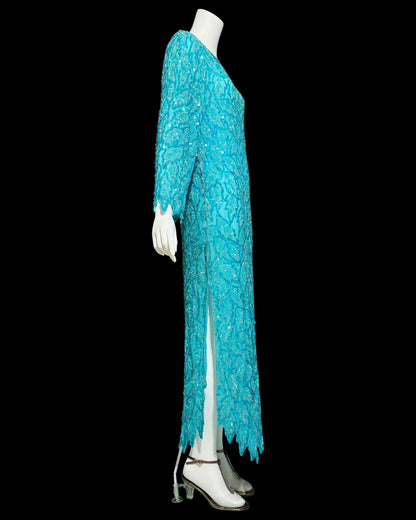 1980s Vintage Turquoise blue silk beaded full length sheath evening gown, Silver beads long sleeves and sequins