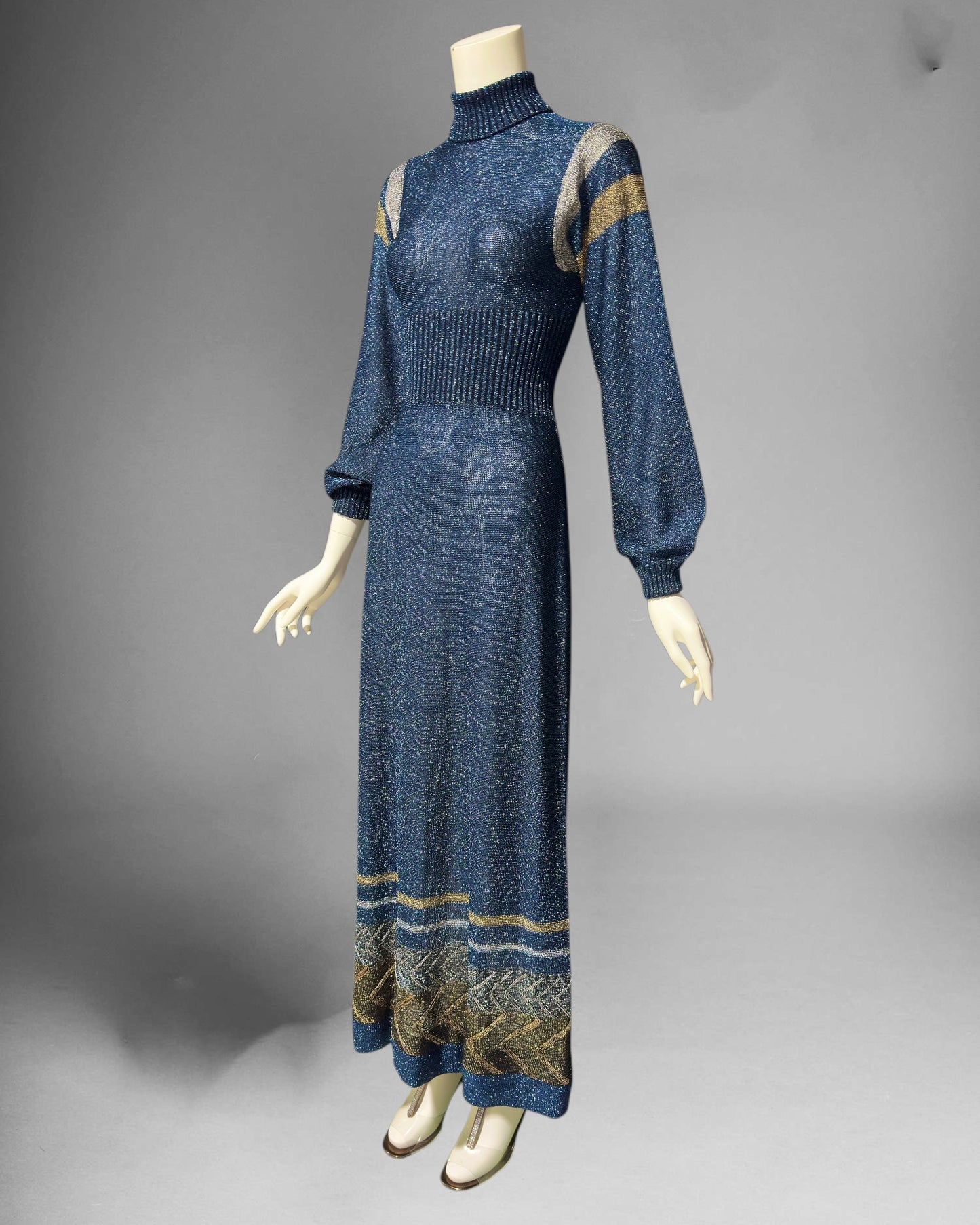 WENJILLI lurex maxi dress, 1970s vintage Blue Metallic Knit Maxi Dress Turtle Neckline