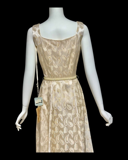 B. COHEN vintage 1940s silk dressing evening gown, house dress, ivory gold metallic feather button front