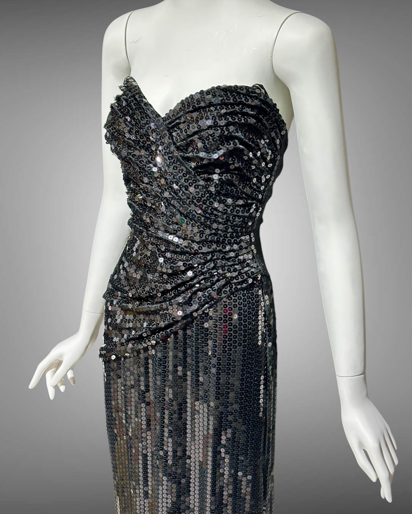 TADASHI vintage evening dress gown, 1980s all over black sequin, strapless ruched bodice