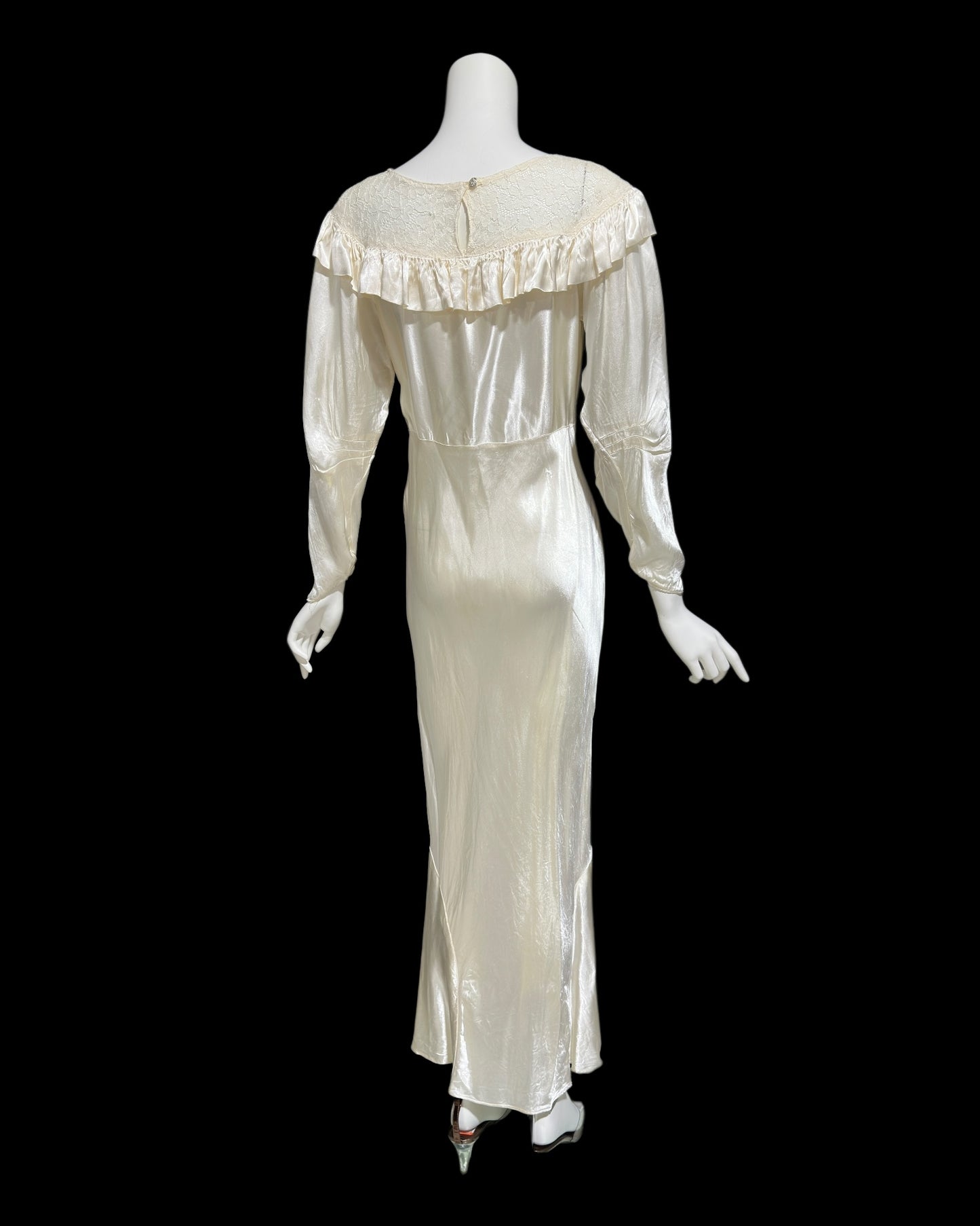 1930s vintage liquid satin wedding dress, shiny bias cut sheath bridal gown, full length gown with sleeves