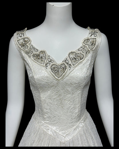1940s vintage white lace wedding bridal dress, beaded full length bridal ball gown